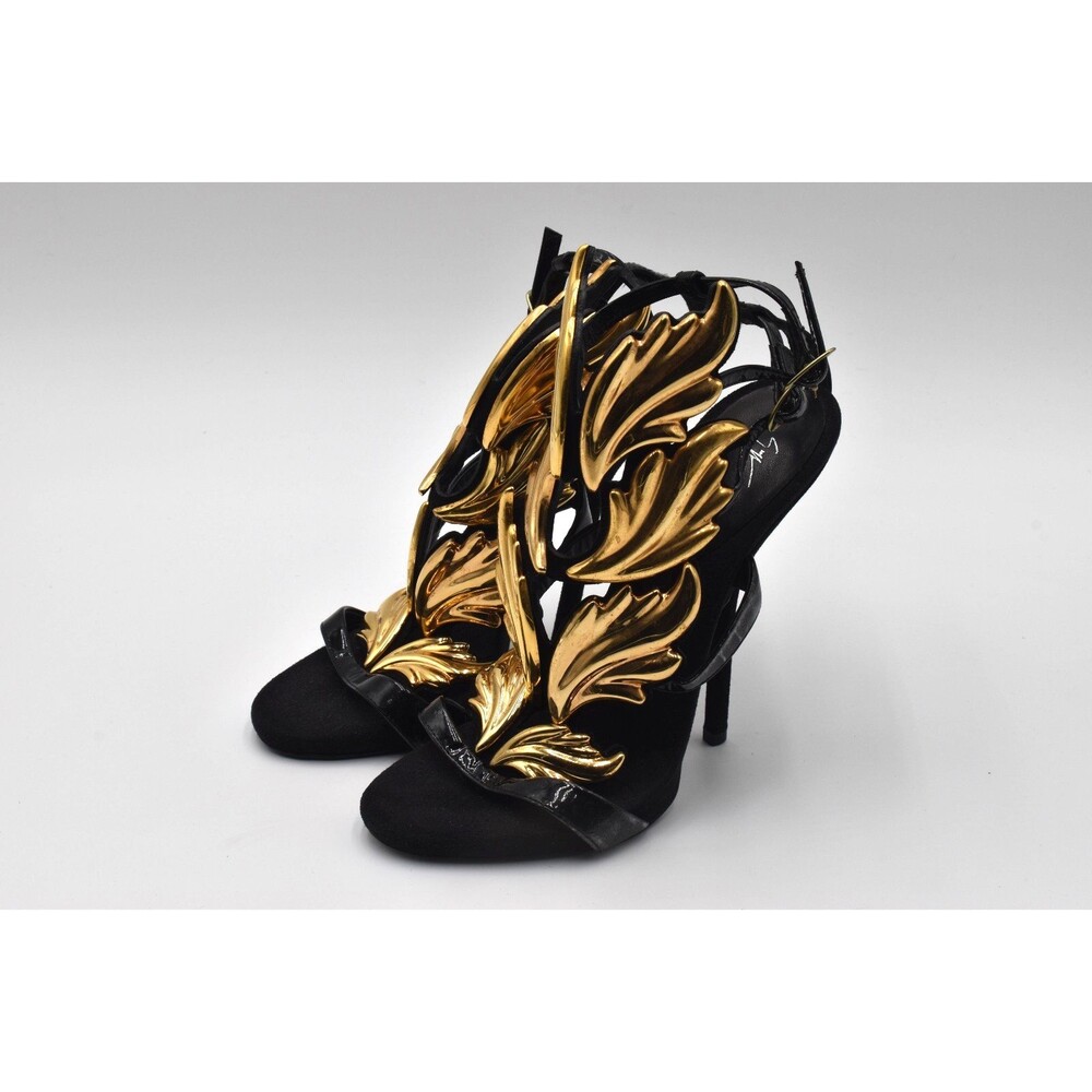 Giuseppe Zanotti Cruel Summer Black Suede Gold Leaf Winged Heels 37 Box